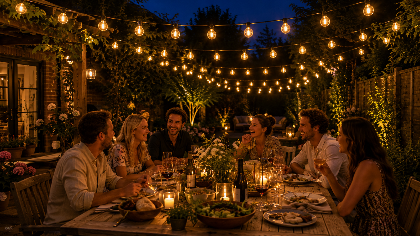 garden patio with festoon string lights on a summer evening UK.